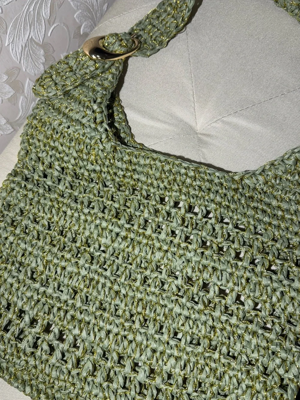 Anthropologie Nikki Raffia Buckle Bag Woven Olive Green Crochet Shoulder Bag - Picture 7 of 10